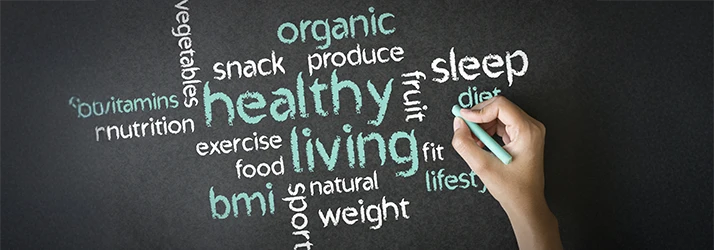 Healthy living words on chalkboard highlighting detox and functional medicine treatments
